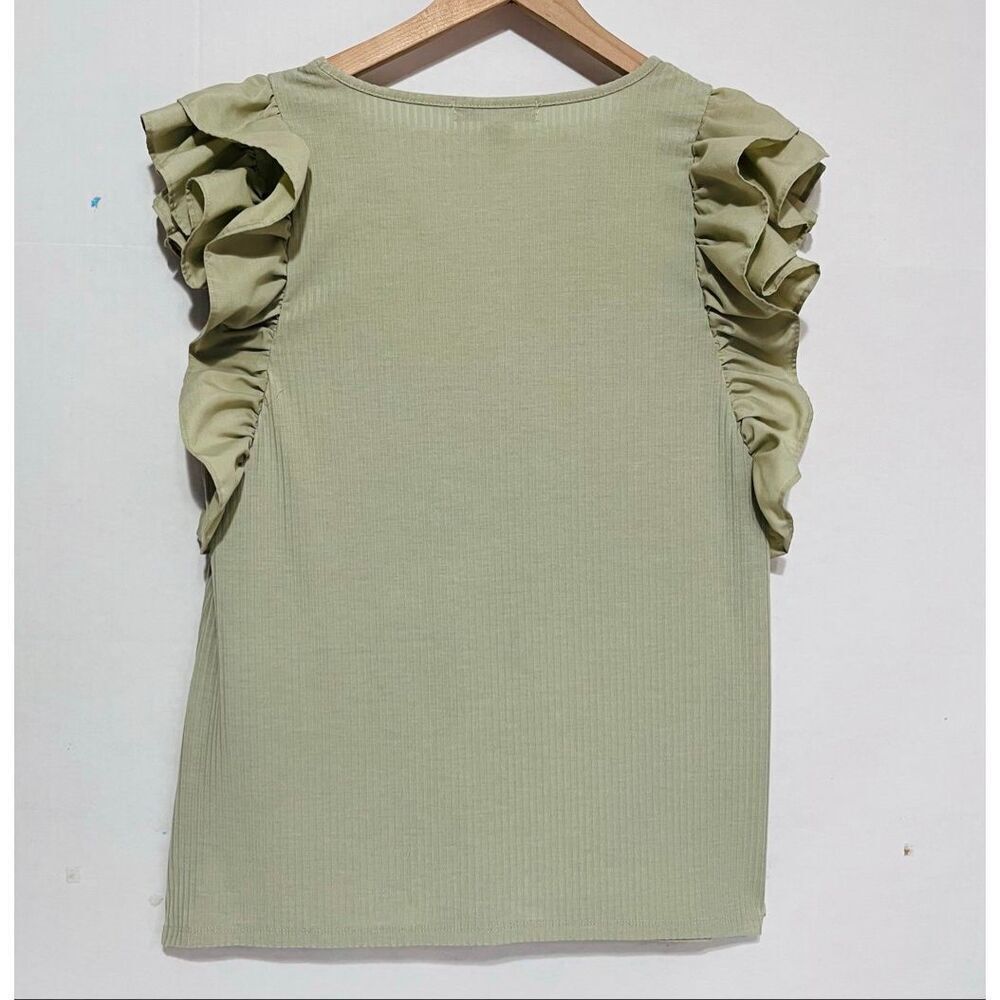 A Love Story Green Ribbed Ruffled Sleeve Top   Size XL - Picture 2 of 4